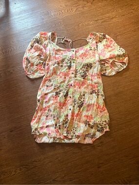 Free People Pink Floral Puff Sleeve Button-Front Top - Size XS
